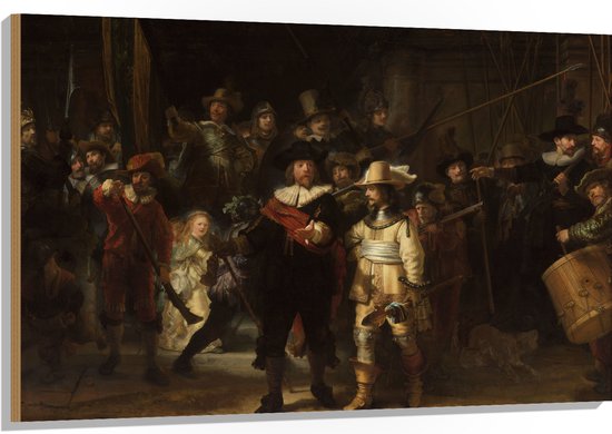 Hout - De Nachtwacht, Rembrandt van Rijn, 1642 - Oude Meesters - 120x80 cm - 9 mm dik - Foto op Hout (Met Ophangsysteem)