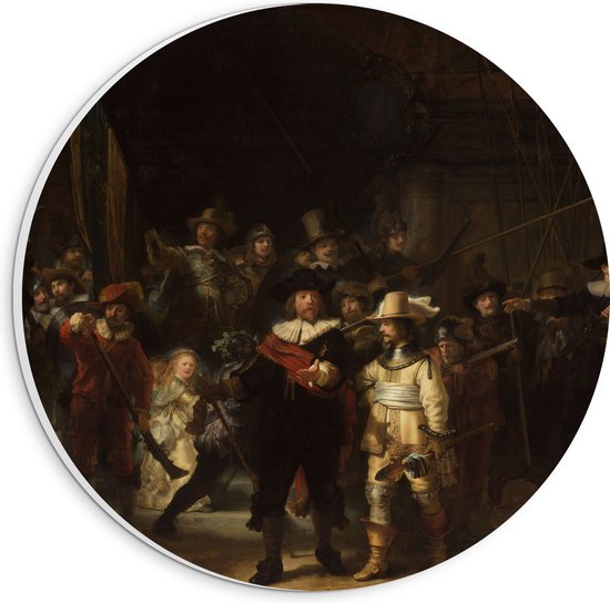 PVC Schuimplaat Muurcirkel - De Nachtwacht, Rembrandt van Rijn, 1642 - Oude Meesters - 20x20 cm Foto op Muurcirkel (met ophangsysteem)