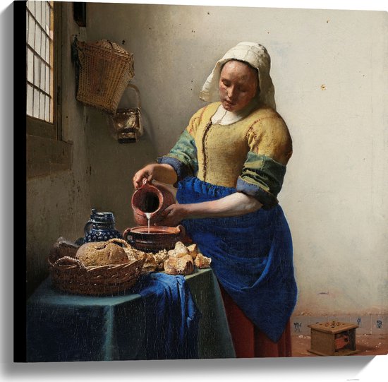 Canvas - Het melkmeisje, Johannes Vermeer, ca. 1660 - 60x60 cm Foto op Canvas Schilderij (Wanddecoratie op Canvas)