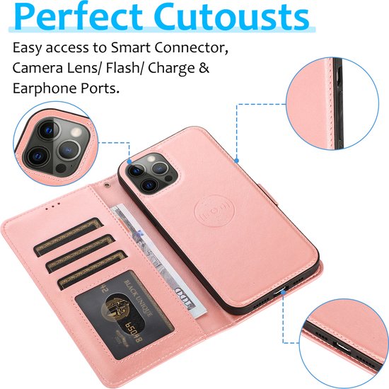 Perfeqt geschikt voor iPhone 14 Pro Max Uitneembare leer BookCase Hoesje - Rose Gold