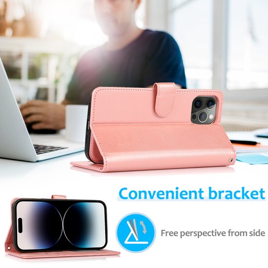 Perfeqt geschikt voor iPhone 14 Pro Max Uitneembare leer BookCase Hoesje - Rose Gold