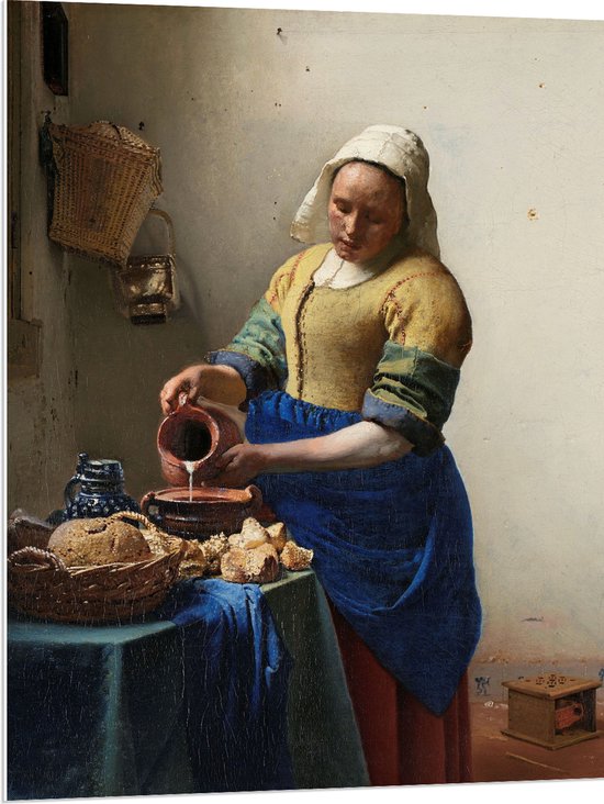 PVC Schuimplaat- Het melkmeisje, Johannes Vermeer, ca. 1660 - 75x100 cm Foto op PVC Schuimplaat