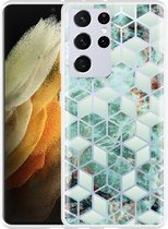 Hoesje geschikt voor Samsung Galaxy S21 Ultra Groen Hexagon Marmer