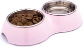 DDOXX Dubbele voederbak, antislip, vele kleuren en maten, voor kleine en grote honden, dubbele voederbak voor katten, hondenbak, kattenbak, roestvrijstalen kom, melaminebak, roze, 2 x 350 ml