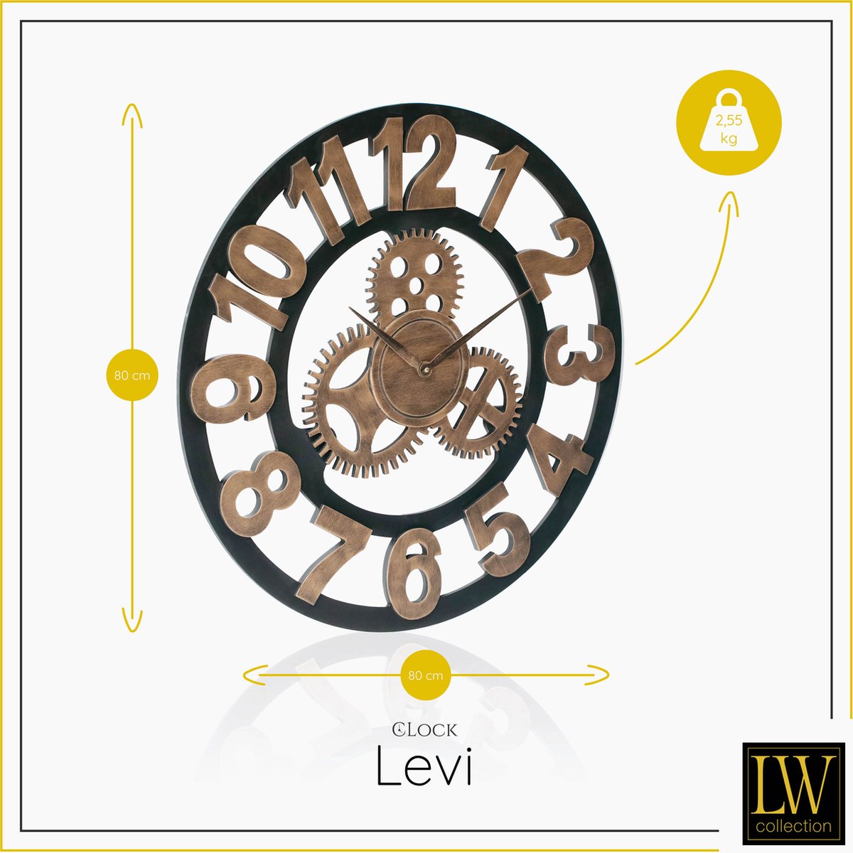 LW Collection wandklok brons 80cm - Grote moderne houten klok brons met tandwielen - Industriële wandklok - Landelijke wandklok stil uurwerk — cadeau in Wonen & Interieur - foto 4