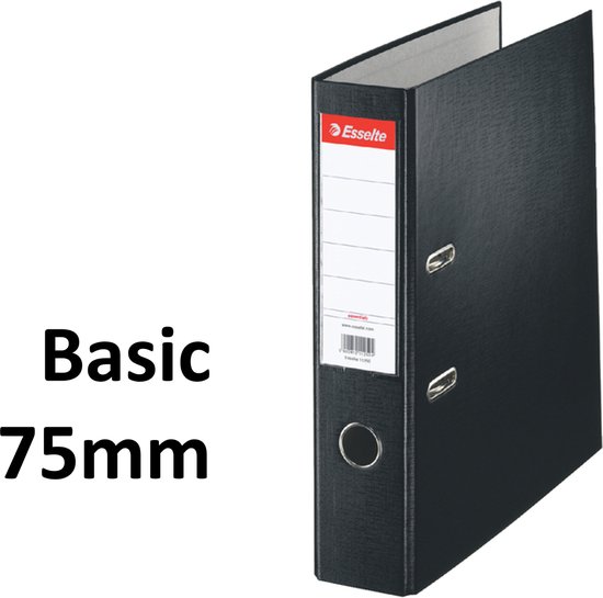 Zwarte Esselte Basic ordner, 75 mm breed, met wit label op de rug.