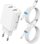 Double adaptateur USB certifié + 2 câbles de chargeur iPhone - 2 mètres - Chargeur rapide 12 W - Convient pour Apple iPhone, iPad, Airpods, Watch