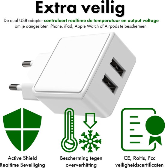 Phreeze PHR-AC54 Prise USB 12W avec 2 Portes + Câble Lightning USB - 1 Mètre - Câble Chargeur iPhone - Adaptateur pour Apple iPhone, Apple iPad, Apple Watch, Apple Airpods