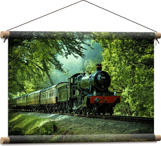 WallClassics - Textielposter - Stoomtrein op Rails in het Bos - 60x40 cm Foto op Textiel