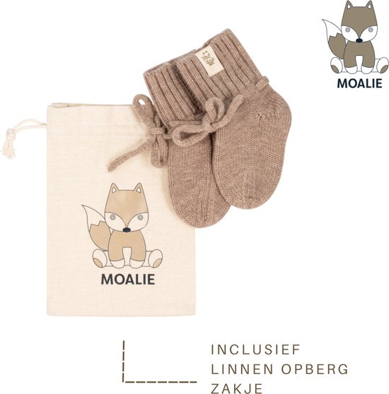 Moalie ®- Baby - Pasgeboren - jongen - meisje - Babyslofjes - babysokken - Merino wol - camel - wollen sokken - linnen opbergzakje -kraamcadeau