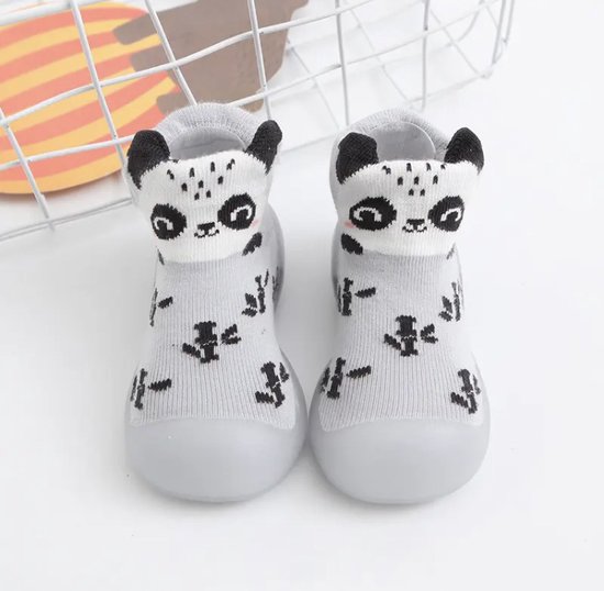 Anti-slip babyschoentjes - Soksloffen - Eerste loopschoentjes van Baby-Slofje - Grijs Panda maat 24/25