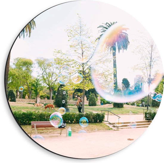 WallClassics - Dibond Muurcirkel - Park met Palmbomen en Bellenblaas - 40x40 cm Foto op Aluminium Muurcirkel (met ophangsysteem)