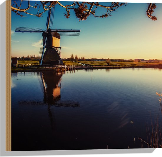 Hout - Klassiek Bruine Molen aan het Water in Weiland in Nederland - 50x50 cm - 9 mm dik - Foto op Hout (Met Ophangsysteem)
