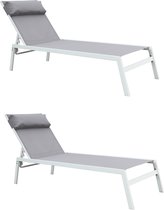 NATERIAAL - Set van 2 ligstoelen RIBA - 2 tuinstoelen - Hoofdsteun - Belastbaar tot 100 kg - 199x61x32 cm - Met geïntegreerde kussens - Ligstoelen met onderlegger - Staal - Textilene - Grijs