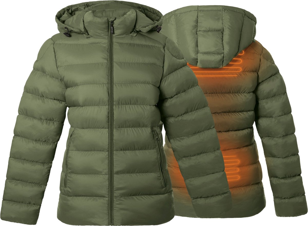 Verwarmde gewatteerde jas - Slim fit voor dames - Met verstelbare kap - Rapid power technologie zonder powerbank - kaki
