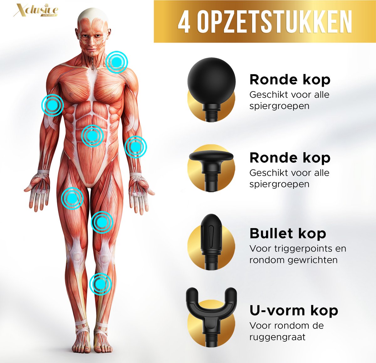 Xclusive-lifestyle® Massage Gun – Krachtig en Uiterst Stil Massage Pistool voor Spierherstel, Pijnverlichting en Ontspanning - 6 Intensiteitsstanden - 4 Massagekoppen – Draagbaar en Compact - Oplaadbaar — cadeau in Sport & Outdoor - foto 4