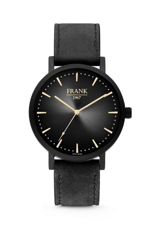 Frank 1967 7FW 0028 Metalen Horloge met Zwarte Leren Band -Doorsnee 42 mm - Zwart/ Goudkleurig