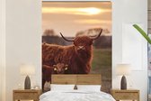 Behang - Fotobehang Schotse hooglander - Dieren - Landschap - Zonsondergang - Koe - Breedte 160 cm x hoogte 240 cm