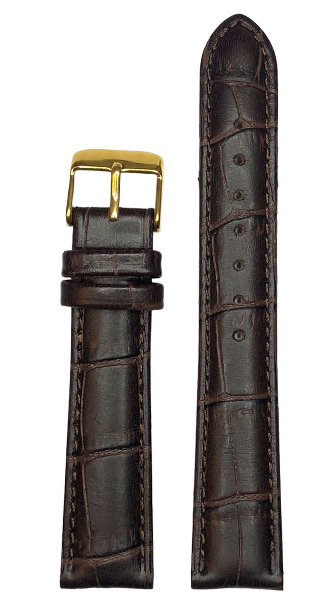 Horlogeband-16mm-donker bruin-echt leer-gevuld-croco-zacht- goudkleurige gesp-16 mm