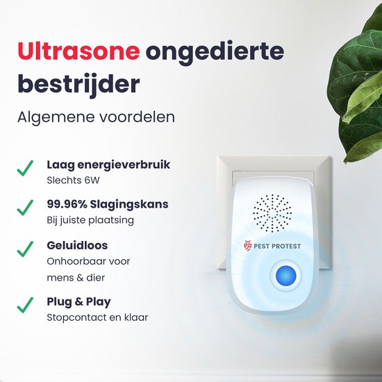 Wit Pest Protest ongediertebestrijder in stopcontact. Laag energieverbruik, 99.96% slagingskans, geluidloos, plug & play. Ultrasone golven.