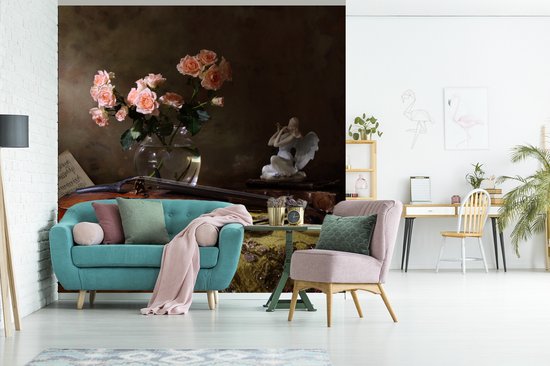 Papier peint - Papier peint photo - Violon - Nature morte - Fleurs - Largeur 240 cm x Hauteur 240 cm