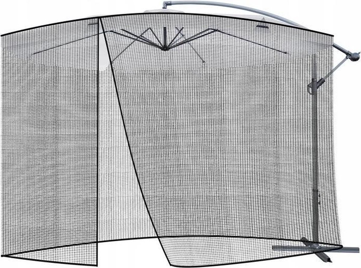 Protective mesh netting designed for parasols, featuring a mosquito net and fly curtain. Dimensions: Dia 3m x h 2.6m.