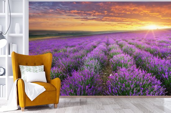 Behang - Fotobehang Lavendel - Wolken - Lente - Breedte 450 cm x hoogte 300 cm