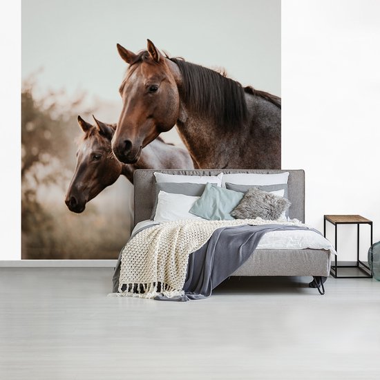 Papier Peint - Papier Papier peint photo Paarden - Nature - Marron - Largeur 240 cm x Hauteur 240 cm