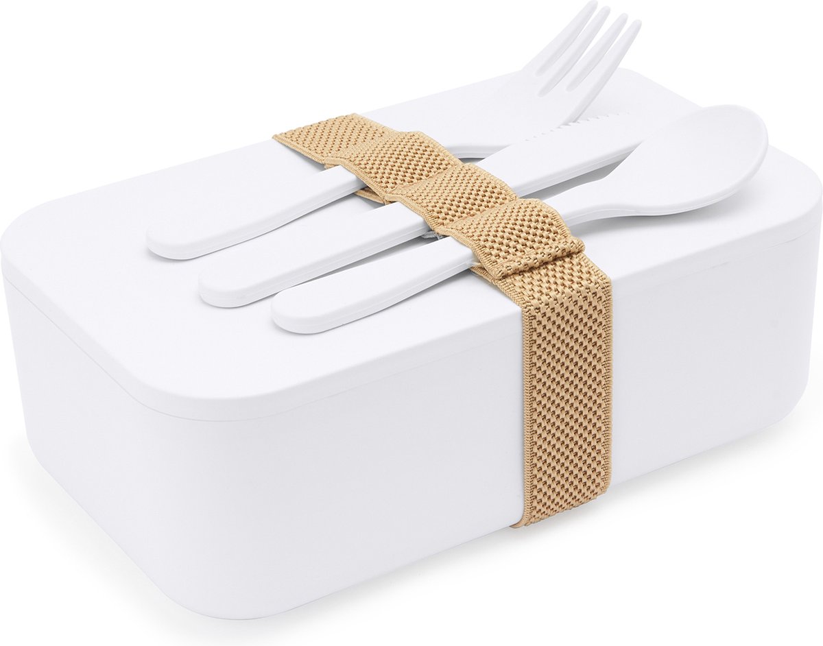 Lunchbox van PLA met siliconen verstelbare band inclusief mes lepel en vork model Yobo 1 liter inhoud