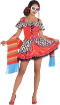 PartyXplosion - Spaans & Mexicaans Kostuum - Bezaaid Met Schedels Dia De Los Muertos - Vrouw - Rood - Medium - Halloween - Verkleedkleding