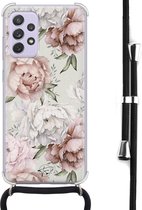 Hoesje met koord geschikt voor Samsung Galaxy A52 5G - Klassieke bloemen - Inclusief zwart koord - Crossbody beschermhoes - Transparant, Beige - Mooie Telefoonhoesjes