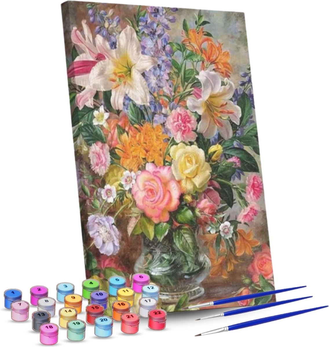 Rubye® Schilderen Op Nummer Volwassenen - Bloemen in Vaas - Inclusief Verf en Penselen - Canvas Schildersdoek - Kleuren op Nummer - 40x50cm