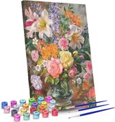 Rubye® Schilderen Op Nummer Volwassenen – Bloemen in Vaas – Inclusief Verf en Penselen – Canvas Schildersdoek – Kleuren op Nummer – 40x50cm