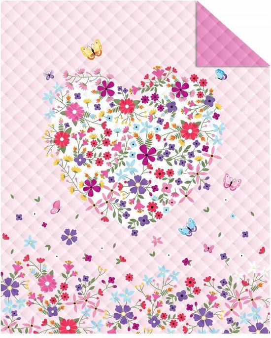 Bedsprei - Bloemen hart - Roze - 170x210 cm - Microvezel