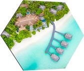 Dibond Hexagon - Bovenaanzicht van Resort met Klassieke Hutjes van de Maledieven - 70x60.9 cm Foto op Hexagon (Met Ophangsysteem)