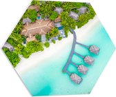 PVC Schuimplaat Hexagon - Bovenaanzicht van Resort met Klassieke Hutjes van de Maledieven - 60x52.2 cm Foto op Hexagon (Met Ophangsysteem)