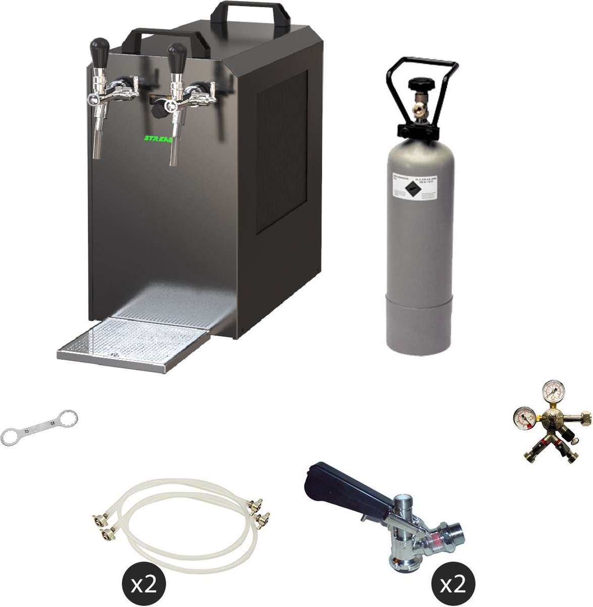 Complete set - Biertap - STREAM 80 bierkist, doorstroomkoeler 2-lijns droge koeler, Kraankop - 5 liter adapter, mandje