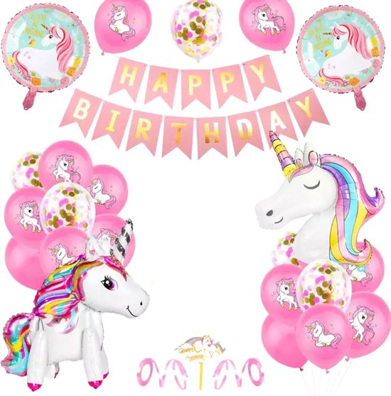 Unicorn versiering met Happy Birthday Slinger - Unicorn Versiering Verjaardag - 28 items - Verjaardag Versiering - Unicorn Ballonnen - Fienosa - meisjes verjaardag - themafeest