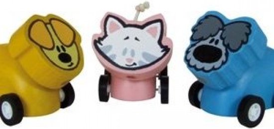 Woezel&Pip pullback wagentjes van hout 3 stuks Woezel & Pip en Buurpoes