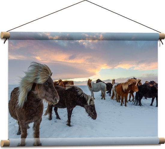 WallClassics - Textielposter - IJspaarden in de Sneeuw met Pastellucht - 60x40 cm Foto op Textiel