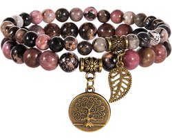 Bixorp Gems Dubbele Matrix Rhodoniet Armband met Levensboom & Veertje - Edelsteen Kralenarmband met Hanger - Chakra