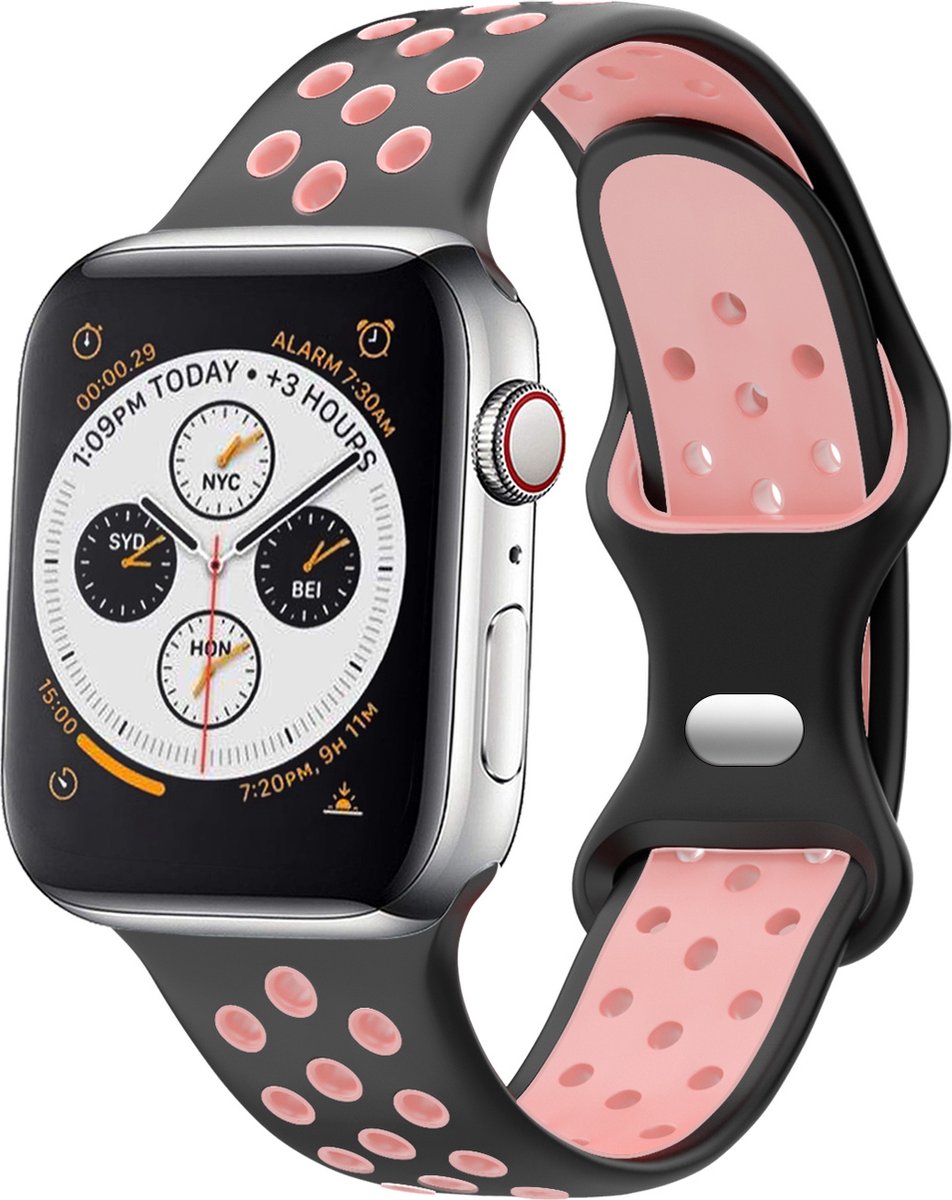Strap-it Classic Sportbandje - Geschikt voor Apple Watch bandje - Series 1/2/3/4/5/6/7/8/9/10/11/SE/SE2/SE3 - Zwart/Roze - Siliconen bandje sport - Sport Loop iWatch bandje maat: 38 / 40 / 41 / 42mm