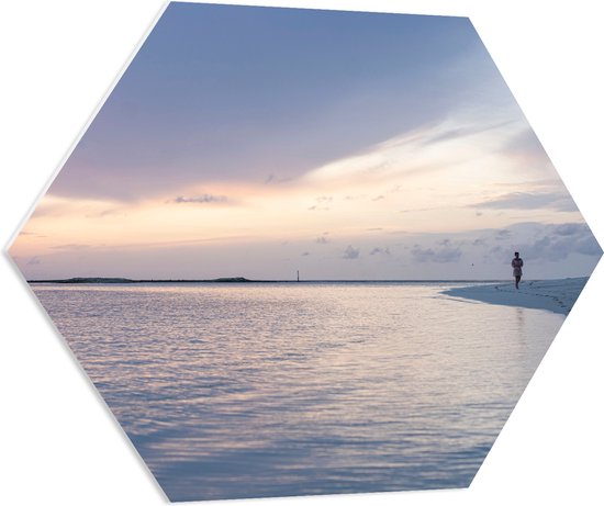WallClassics - PVC Schuimplaat Hexagon - Vrouw tijdens Strandwandeling tegen de Avond - 70x60.9 cm Foto op Hexagon (Met Ophangsysteem)