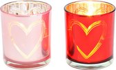 Theelichthouders Hart - Waxinelichtjes houder - Lantaarn hart decor van glas roze & rood - smal 7x8x7cm - 2 stuks