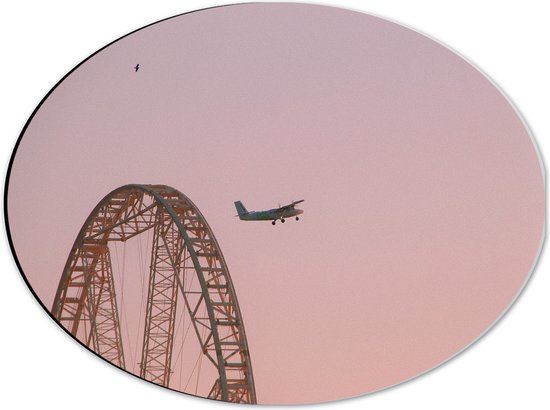 WallClassics - Dibond Ovaal - Vliegtuig Vliegend langs Achtbaanrails - 40x30 cm Foto op Ovaal (Met Ophangsysteem)