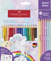 Crayons de couleur Faber-Castell - Grip Unicorn - Grip 18 couleurs + 6 pastels scintillants + stickers licorne - FC-201543