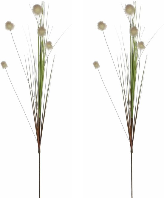 Mica Decorations Herbe de Roseau - 2 pcs - Plante Artificielle Tige/Branche lâche - Boules pluis Vertes/Blanches - 84 cm