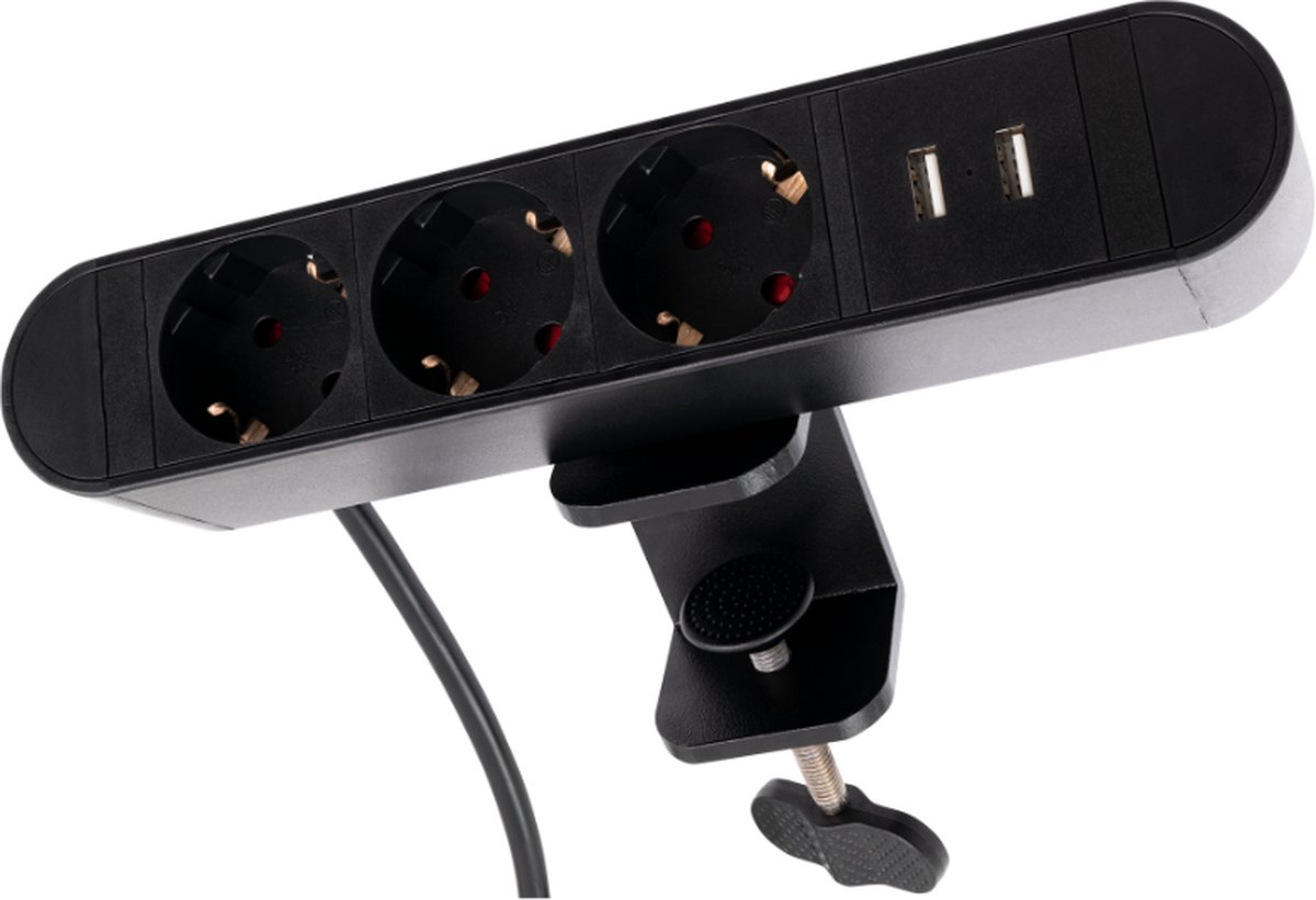 McPower Tafelklem stekkerdoos - Verdeelstekker 3 Stopcontacten - Stekkerblok met 2 USB A - Verdeeldoos met 2 meter kabel - Zwart