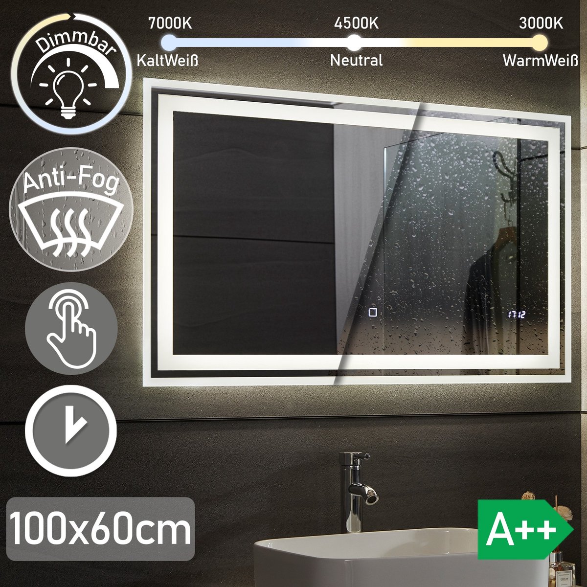 LED Badkamer spiegel 120x 60 cm, digitale klok, dimbaar, anticondensfunctie