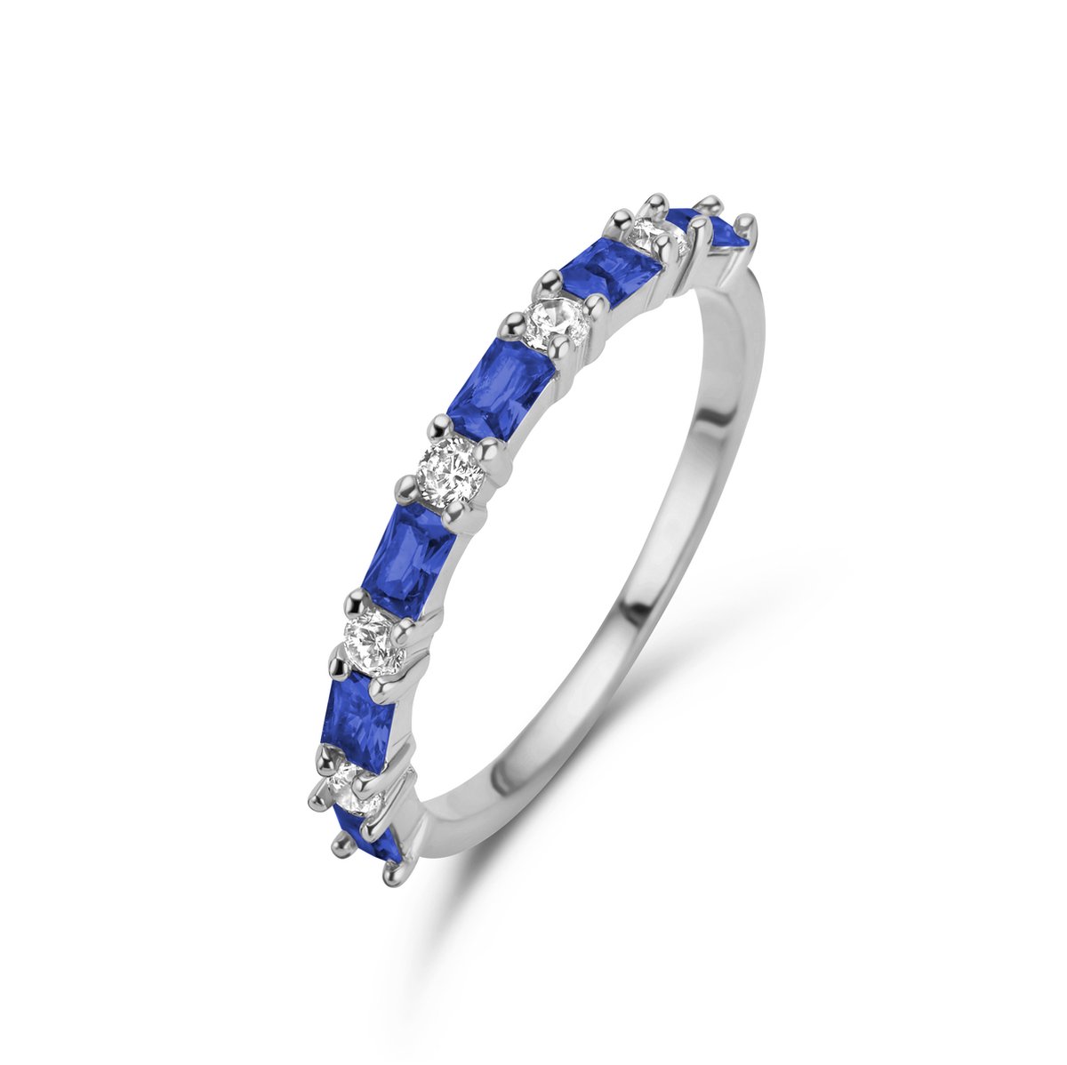 New Bling 9NB-1077-54 Zilveren Ring met Zirkonia - Maat 54 - 2 mm Breed - Baquette en Rond - Wit en Blauw - Zilver